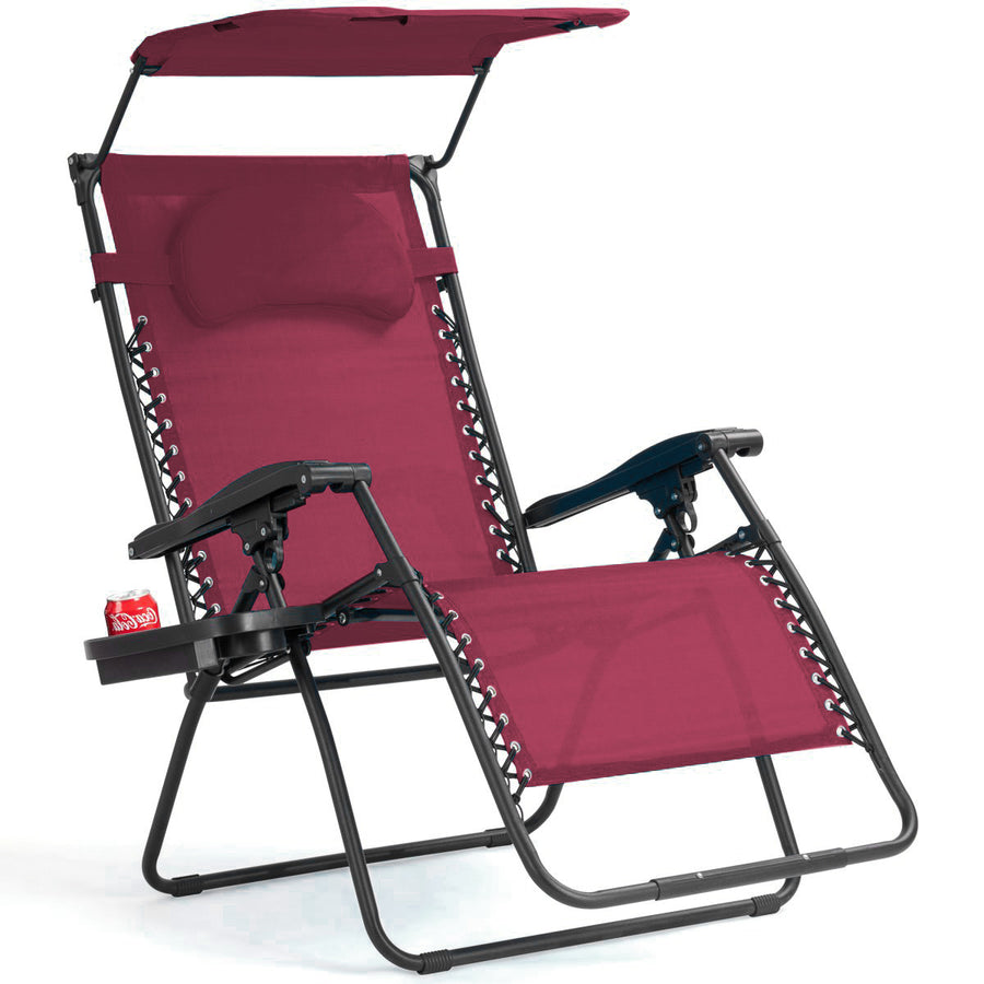 Folding Recliner Zero Gravity Lounge Chair W/ Shade Canopy Cup Holder Wine Image 1