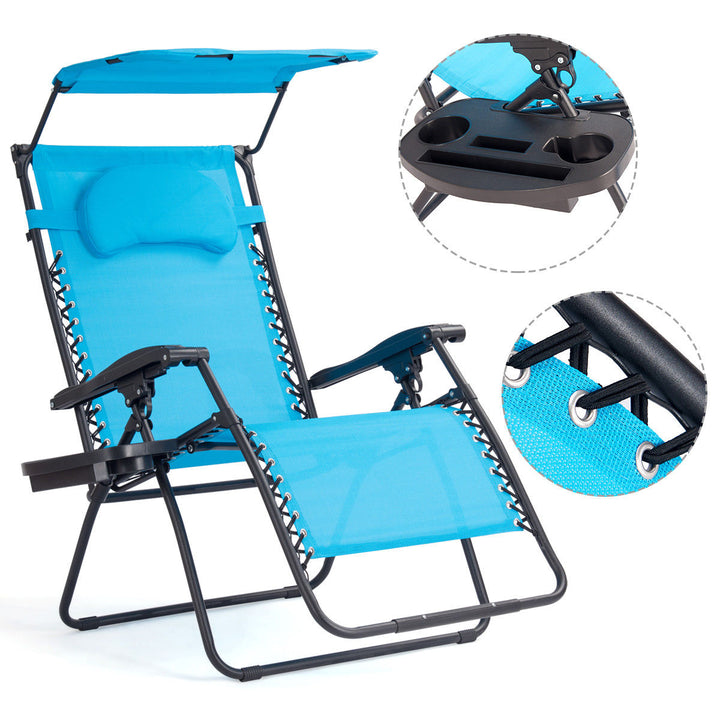 Folding Recliner Zero Gravity Lounge Chair W/ Shade Canopy Cup Holder Blue Image 7