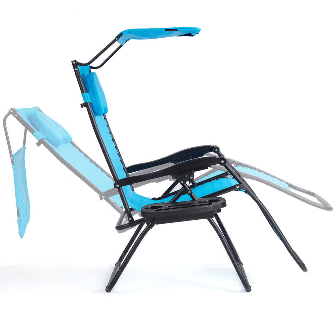 Folding Recliner Zero Gravity Lounge Chair W/ Shade Canopy Cup Holder Blue Image 9