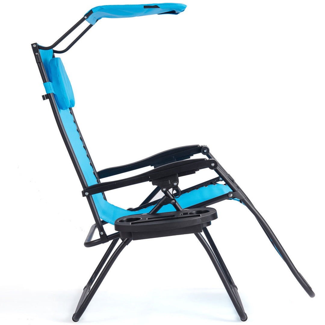 Folding Recliner Zero Gravity Lounge Chair W/ Shade Canopy Cup Holder Blue Image 2