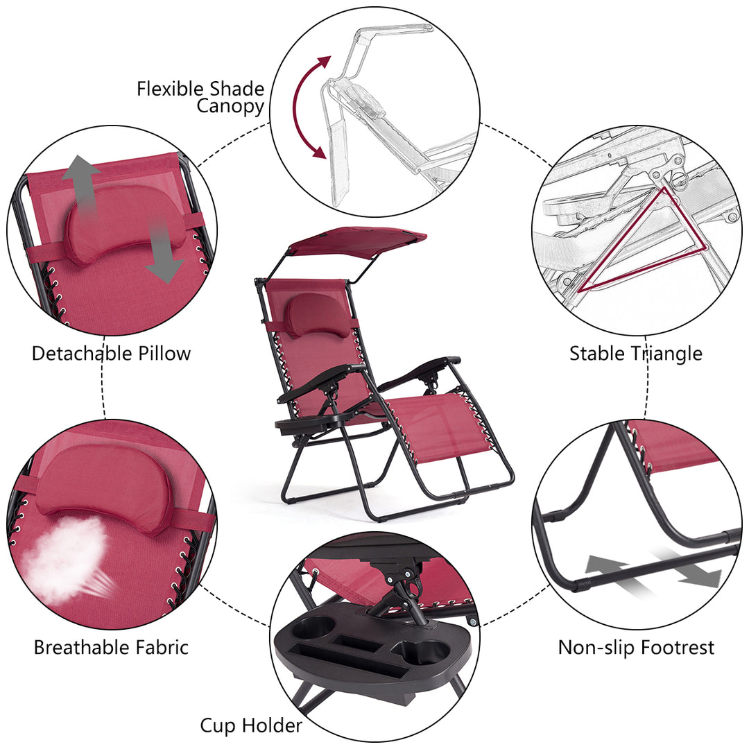 Folding Recliner Zero Gravity Lounge Chair W/ Shade Canopy Cup Holder Wine Image 6