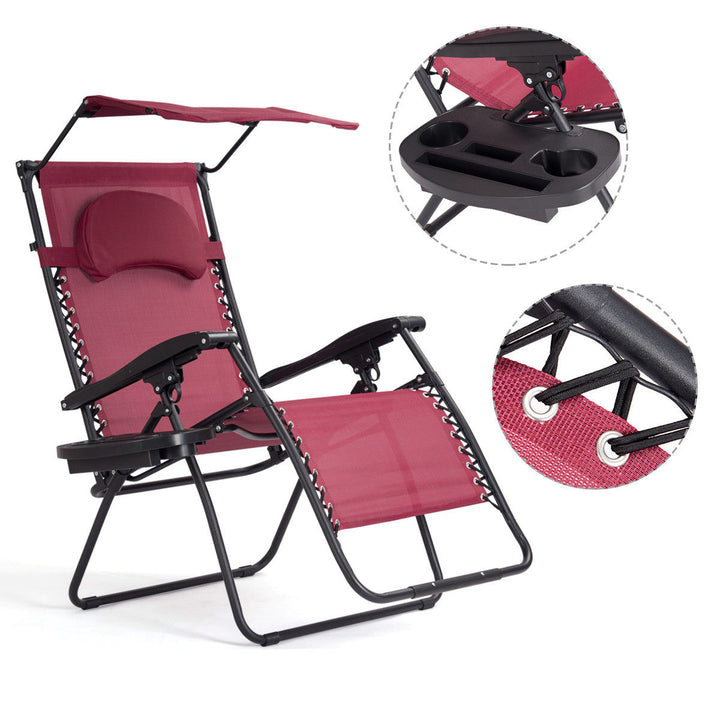 Folding Recliner Zero Gravity Lounge Chair W/ Shade Canopy Cup Holder Wine Image 7