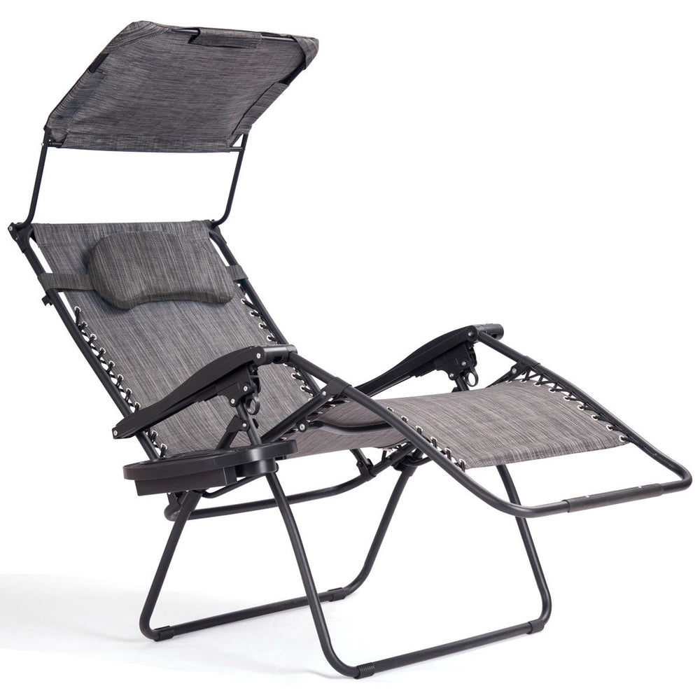 Folding Recliner Zero Gravity Lounge Chair W/ Shade Canopy Cup Holder Gray Image 2