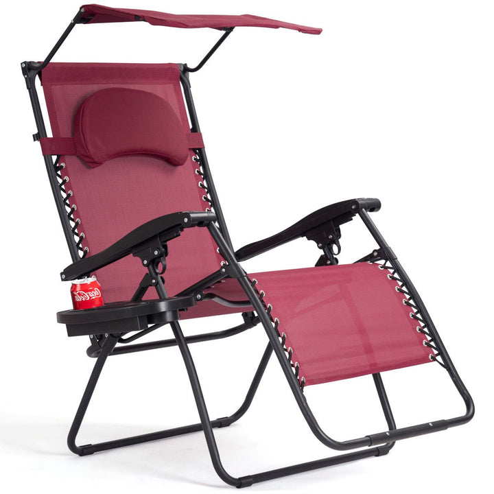 Folding Recliner Zero Gravity Lounge Chair W/ Shade Canopy Cup Holder Wine Image 8