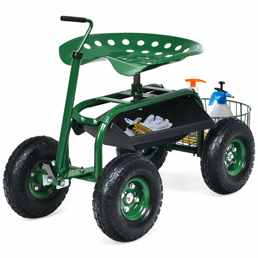 Rolling Garden Cart Scooter w/ Adjustable Seat Storage Basket Tray Image 1