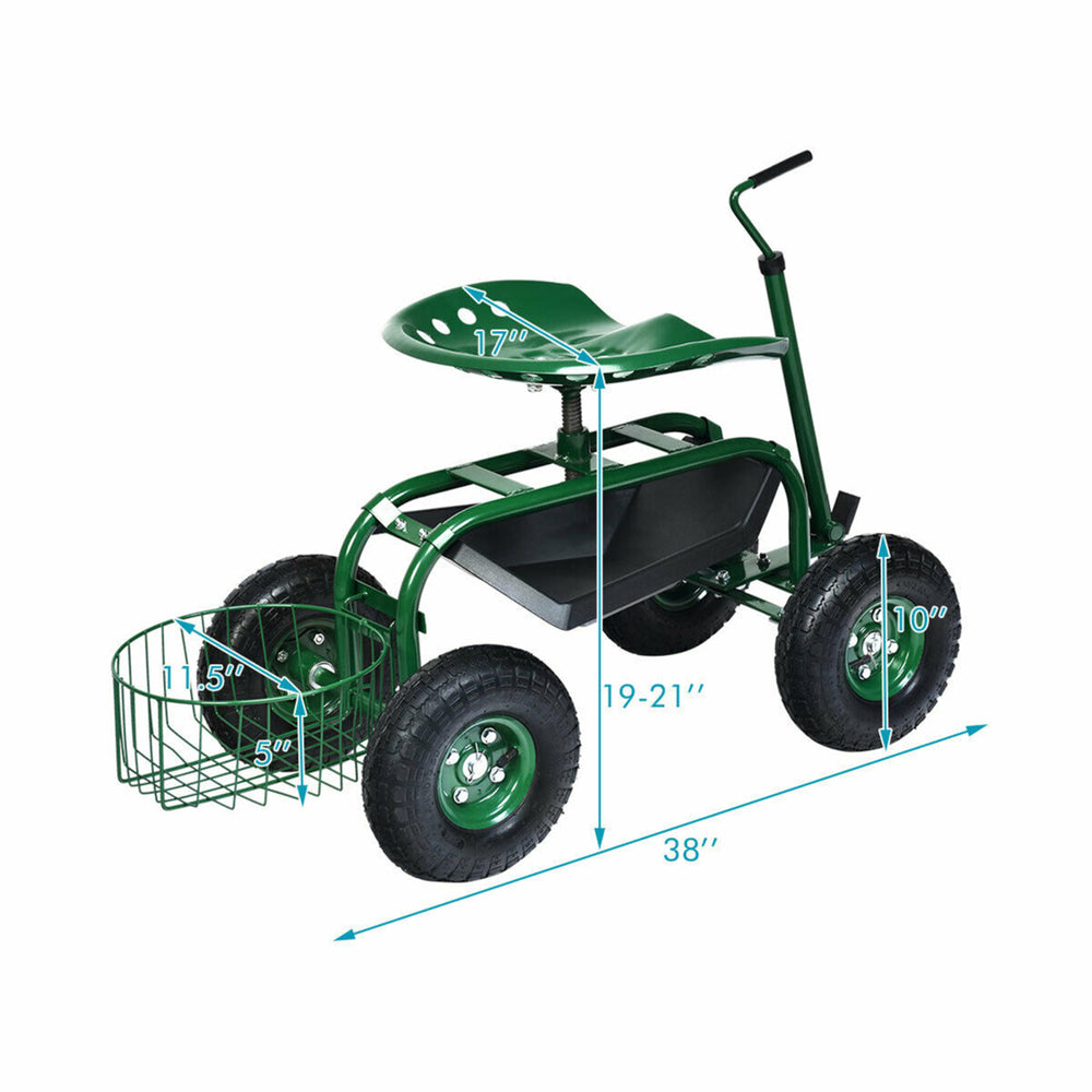 Rolling Garden Cart Scooter w/ Adjustable Seat Storage Basket Tray Image 2