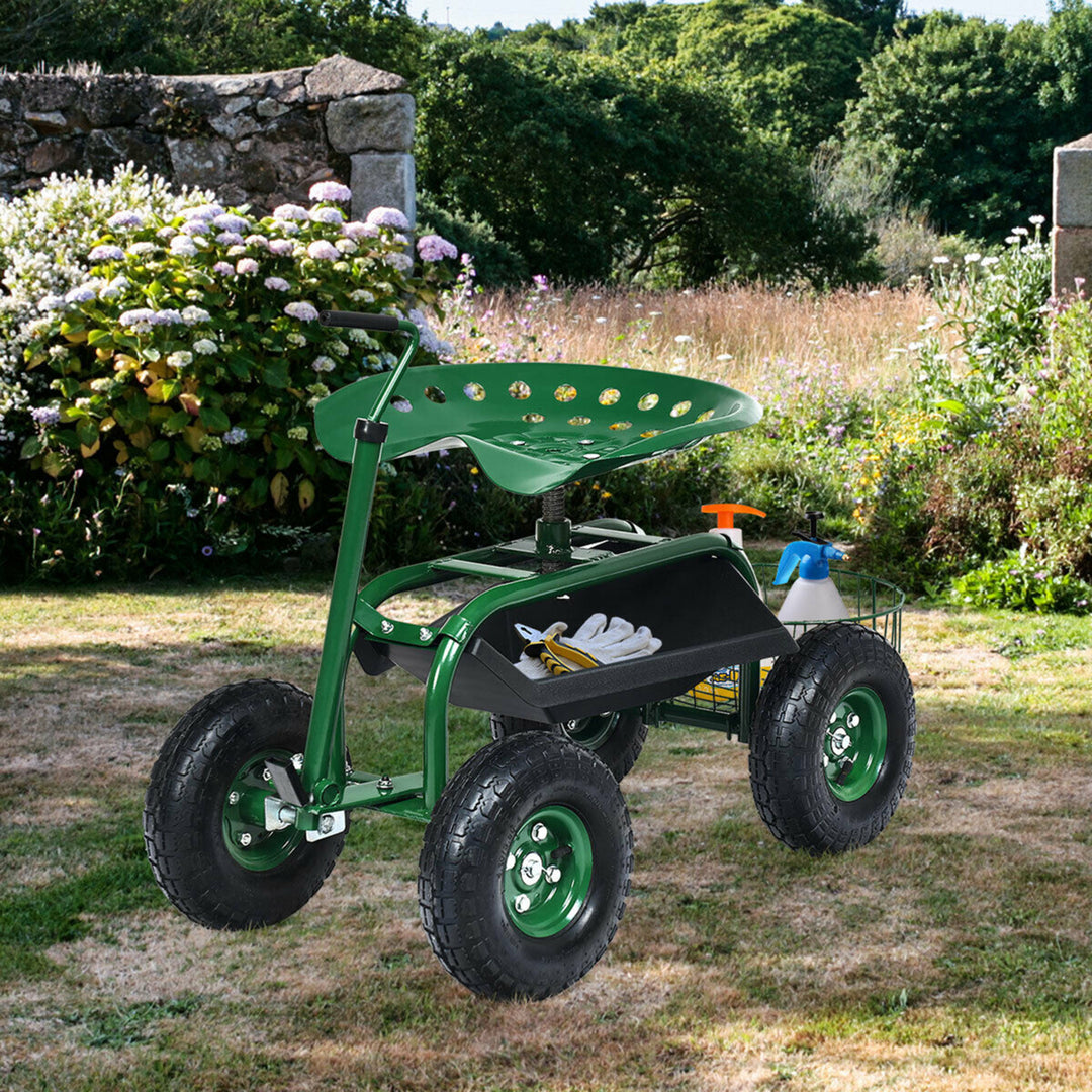 Rolling Garden Cart Scooter w/ Adjustable Seat Storage Basket Tray Image 3