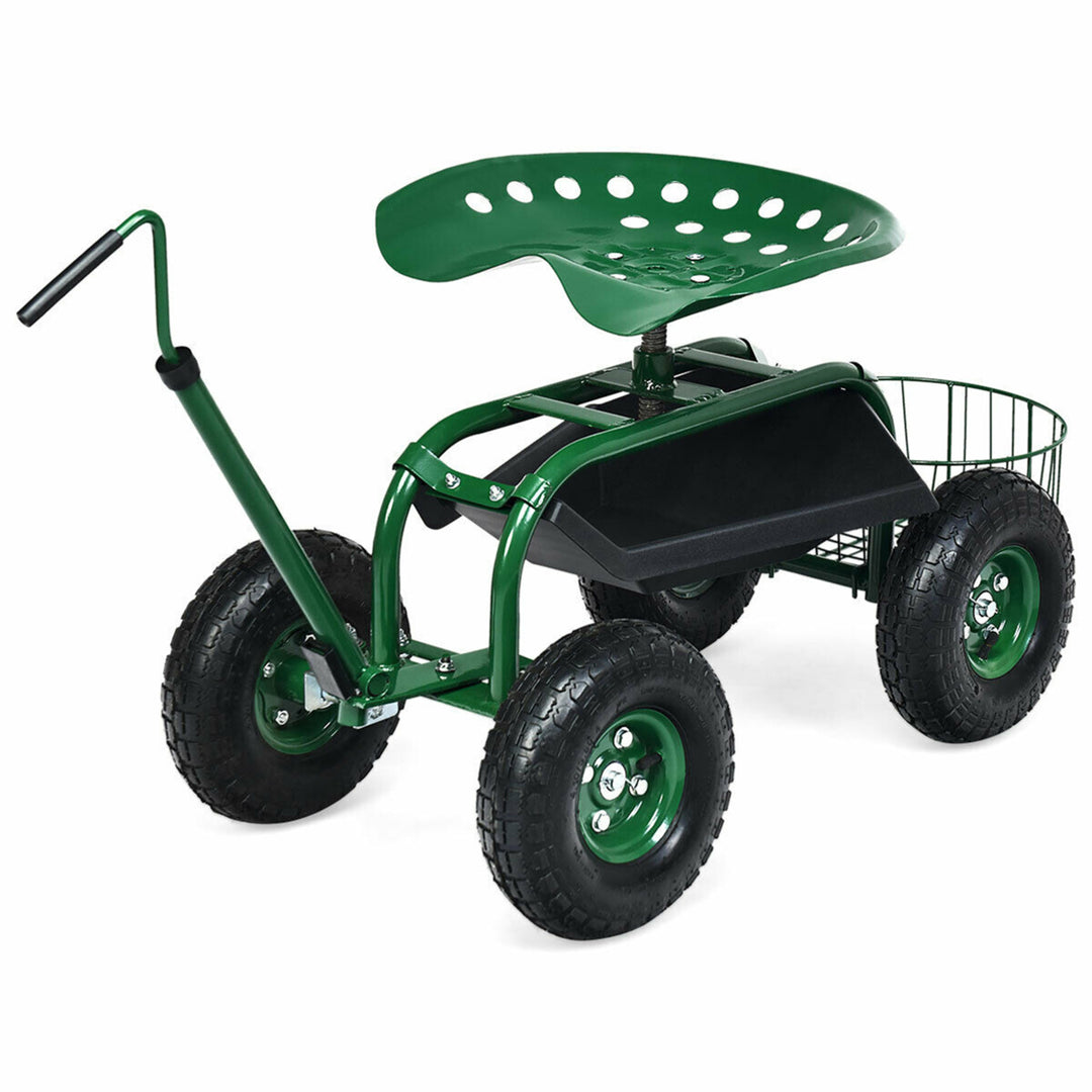 Rolling Garden Cart Scooter w/ Adjustable Seat Storage Basket Tray Image 4