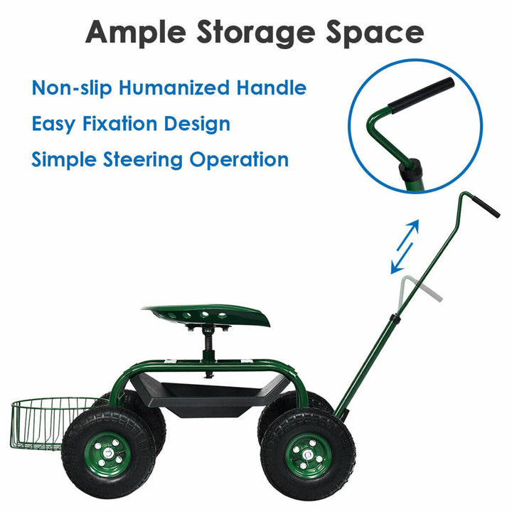 Rolling Garden Cart Scooter w/ Adjustable Seat Storage Basket Tray Image 6