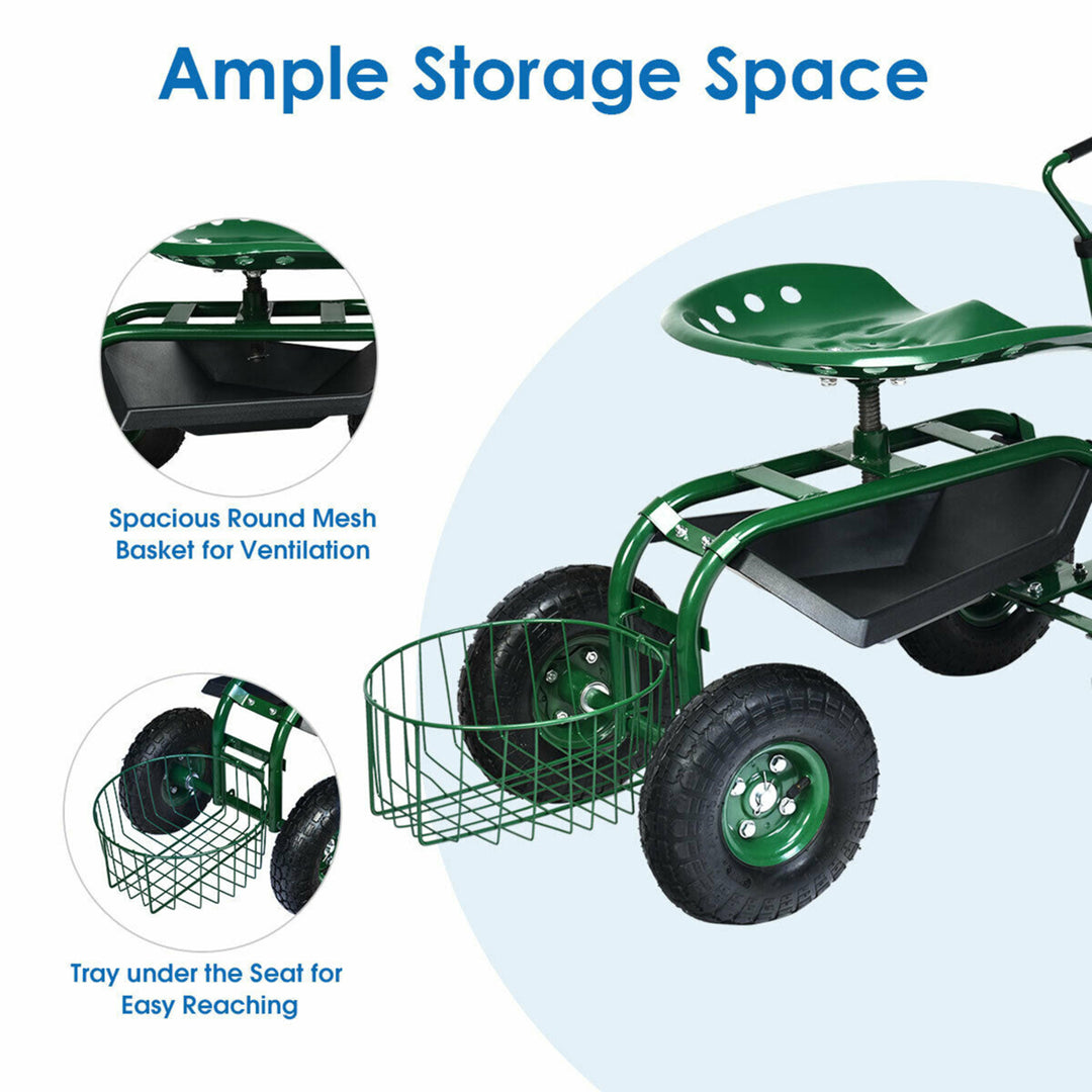 Rolling Garden Cart Scooter w/ Adjustable Seat Storage Basket Tray Image 7