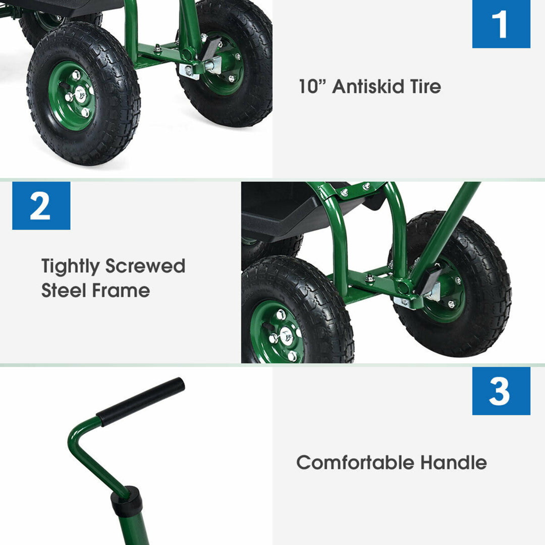 Rolling Garden Cart Scooter w/ Adjustable Seat Storage Basket Tray Image 8