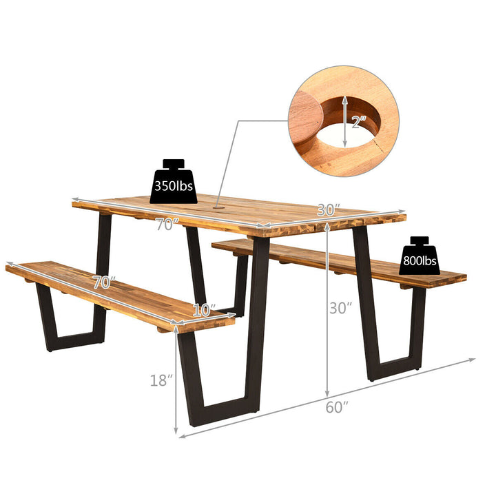 Patented Picnic Table Bench Set Outdoor Camping Wooden 2 Built-in Benches w/Umbrella Hole Image 2