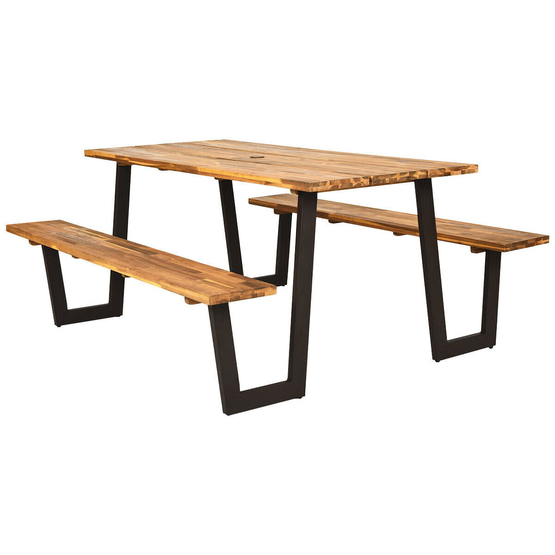 Patented Picnic Table Bench Set Outdoor Camping Wooden 2 Built-in Benches w/Umbrella Hole Image 3