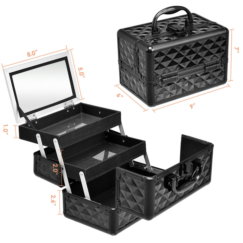 Makeup Organizer Cosmetic Case with Extendable Trays And Mirror Black Image 2