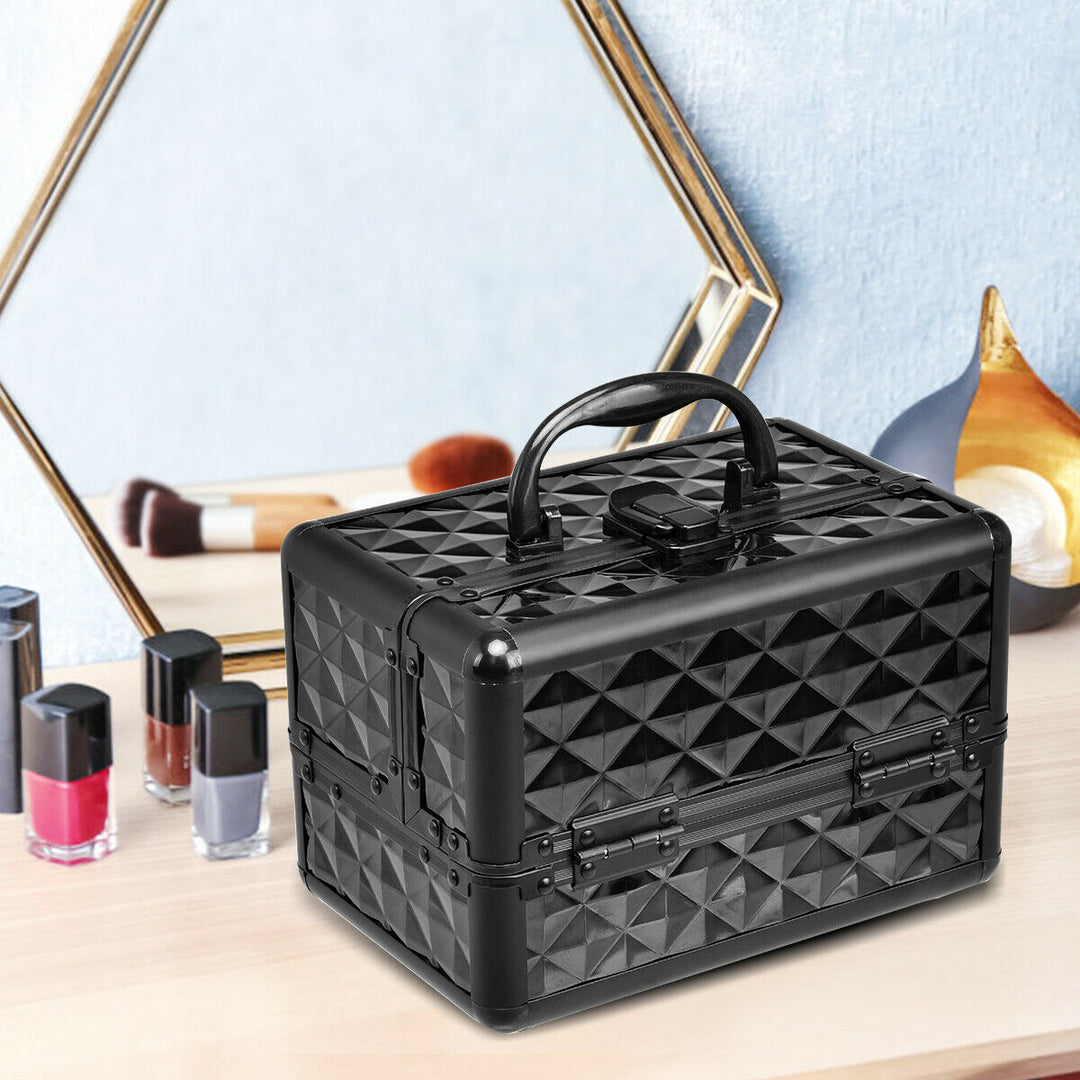 Makeup Organizer Cosmetic Case with Extendable Trays And Mirror Black Image 3