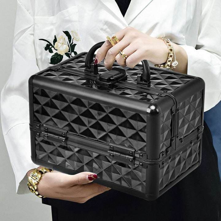 Makeup Organizer Cosmetic Case with Extendable Trays And Mirror Black Image 5