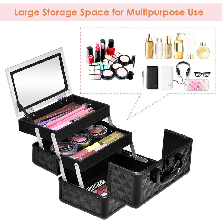 Makeup Organizer Cosmetic Case with Extendable Trays And Mirror Black Image 7