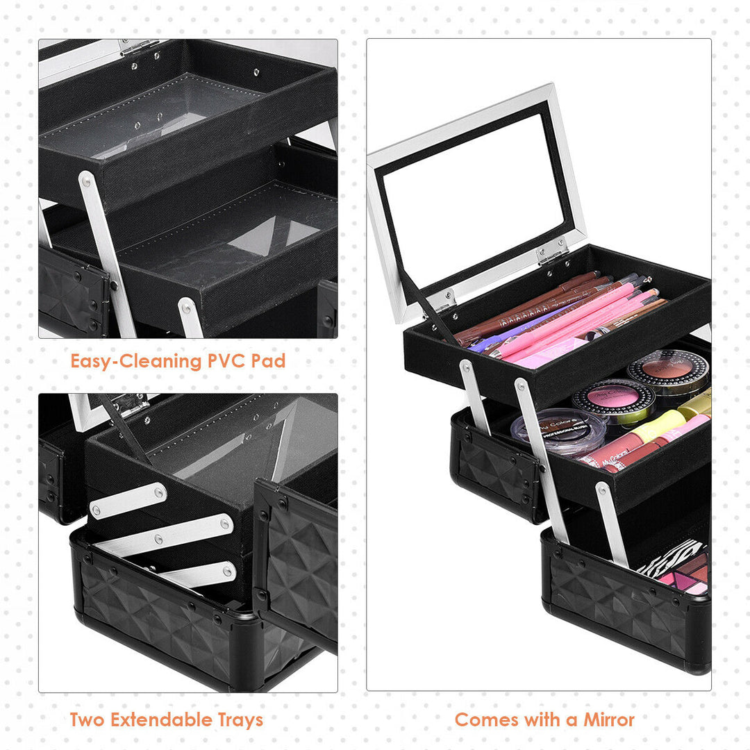 Makeup Organizer Cosmetic Case with Extendable Trays And Mirror Black Image 8