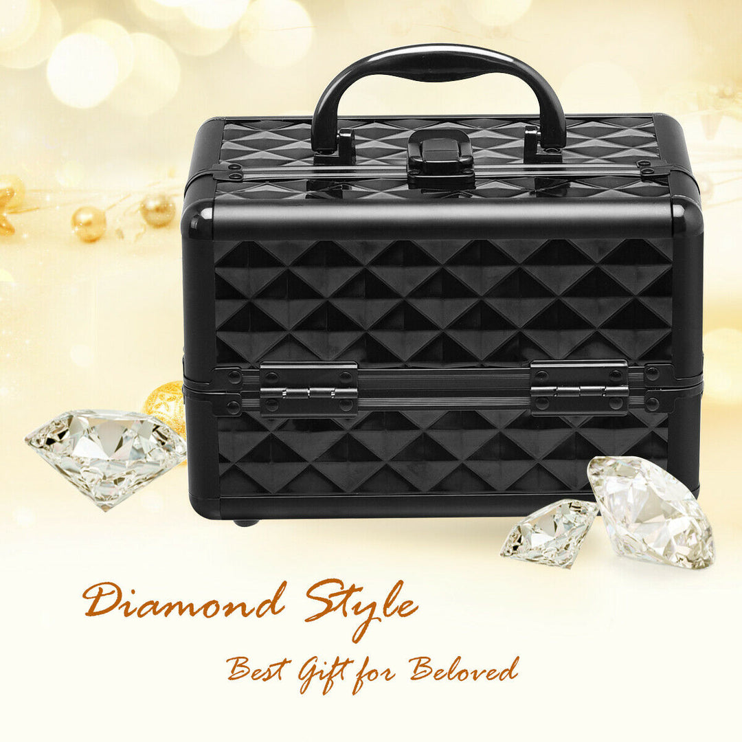 Makeup Organizer Cosmetic Case with Extendable Trays And Mirror Black Image 9