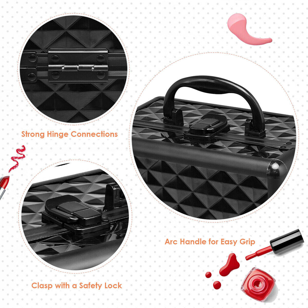 Makeup Organizer Cosmetic Case with Extendable Trays And Mirror Black Image 10