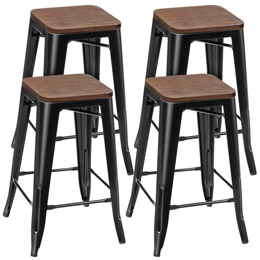 Set of 4 Counter Height Backless Barstool 26 Metal Stackable Stool w/Wood Seat Image 1