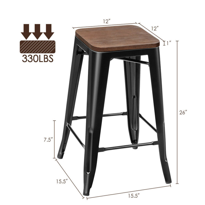 Set of 4 Counter Height Backless Barstool 26 Metal Stackable Stool w/Wood Seat Image 2