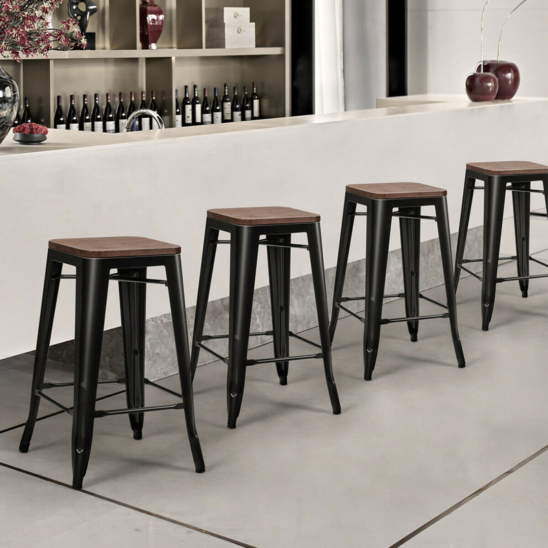 Set of 4 Counter Height Backless Barstool 26 Metal Stackable Stool w/Wood Seat Image 3