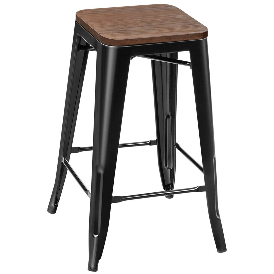 Set of 4 Counter Height Backless Barstool 26 Metal Stackable Stool w/Wood Seat Image 5