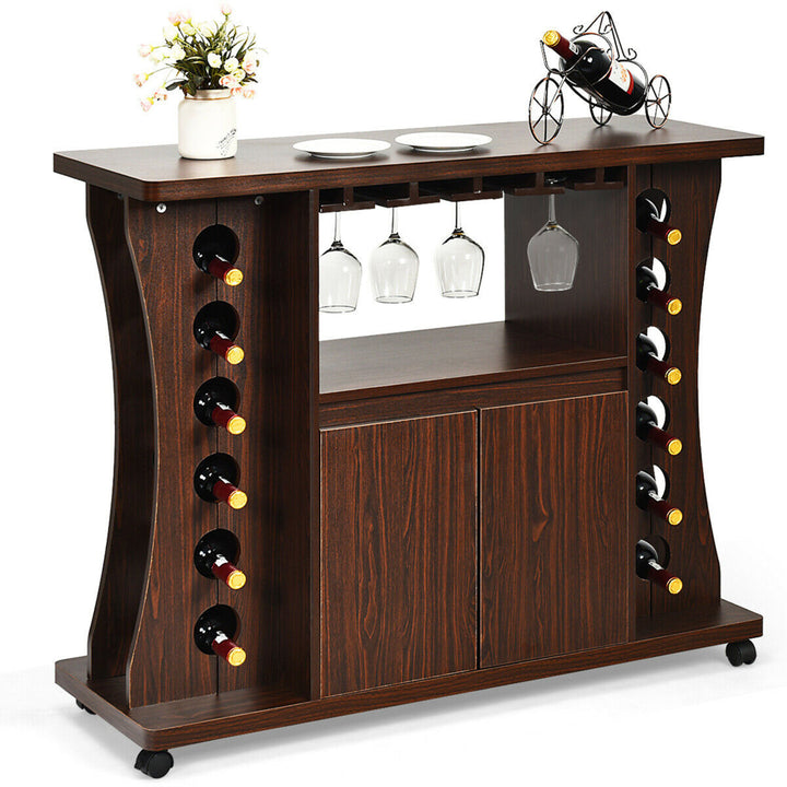 Rolling Buffet Sideboard Wooden Bar Storage Cabinet w/ Wine Rack and Glass Holder Image 1