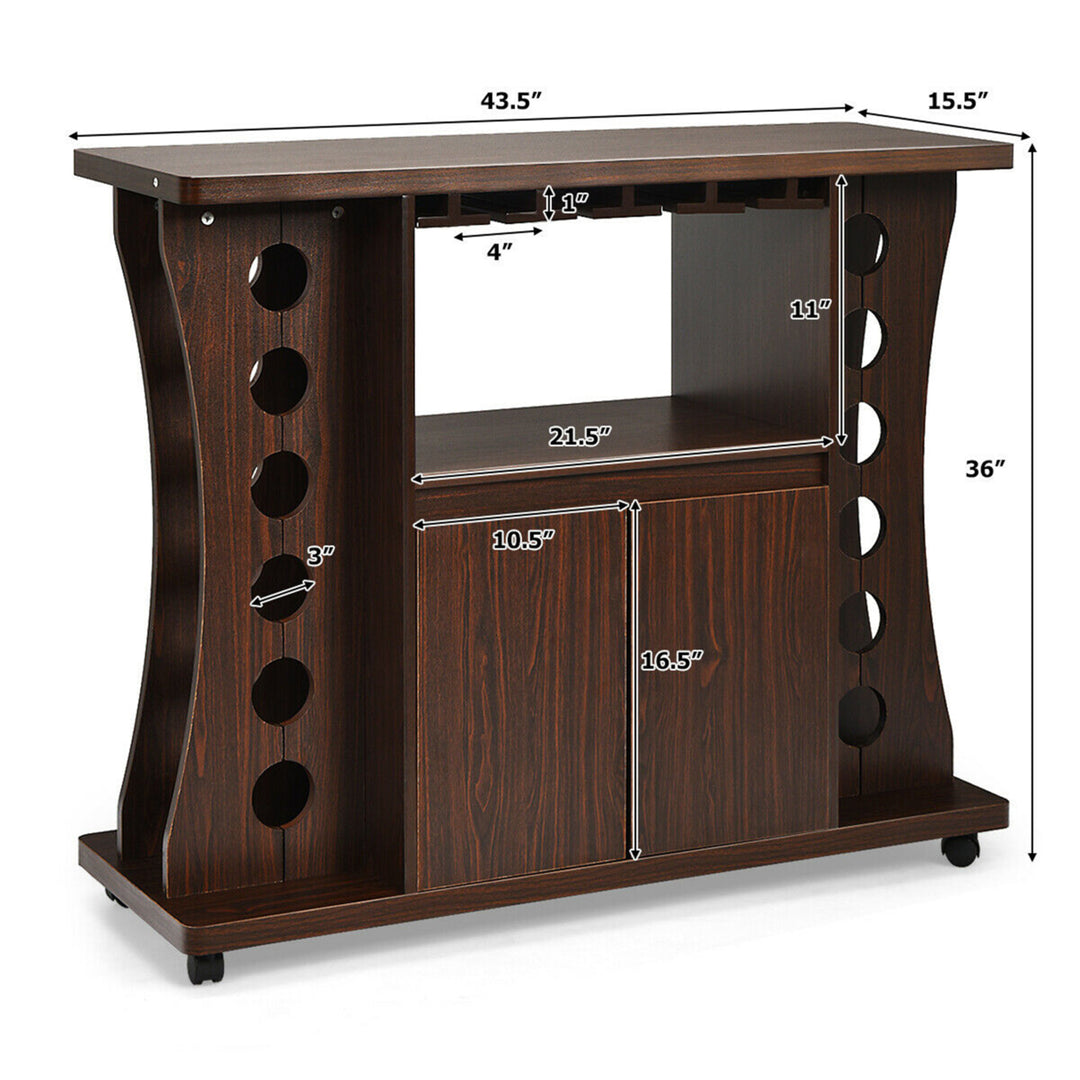 Rolling Buffet Sideboard Wooden Bar Storage Cabinet w/ Wine Rack and Glass Holder Image 2