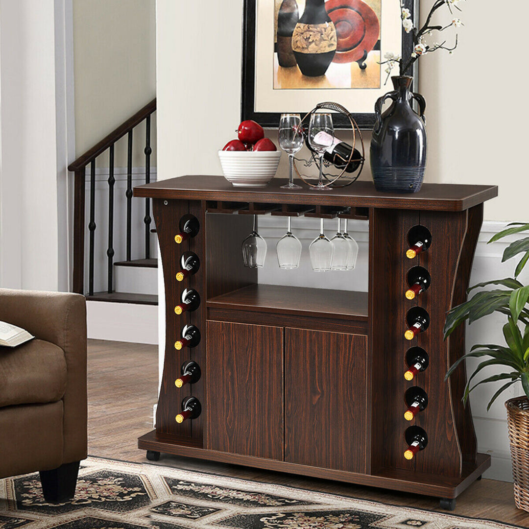 Rolling Buffet Sideboard Wooden Bar Storage Cabinet w/ Wine Rack and Glass Holder Image 3