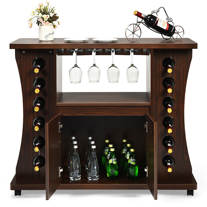 Rolling Buffet Sideboard Wooden Bar Storage Cabinet w/ Wine Rack and Glass Holder Image 4