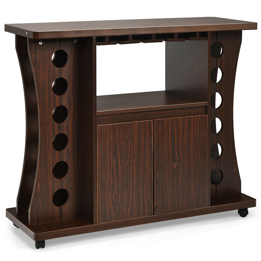 Rolling Buffet Sideboard Wooden Bar Storage Cabinet w/ Wine Rack and Glass Holder Image 5