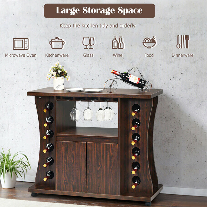 Rolling Buffet Sideboard Wooden Bar Storage Cabinet w/ Wine Rack and Glass Holder Image 7