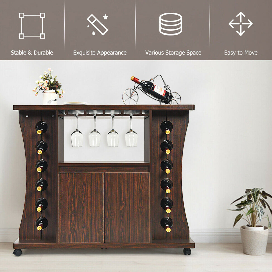 Rolling Buffet Sideboard Wooden Bar Storage Cabinet w/ Wine Rack and Glass Holder Image 8