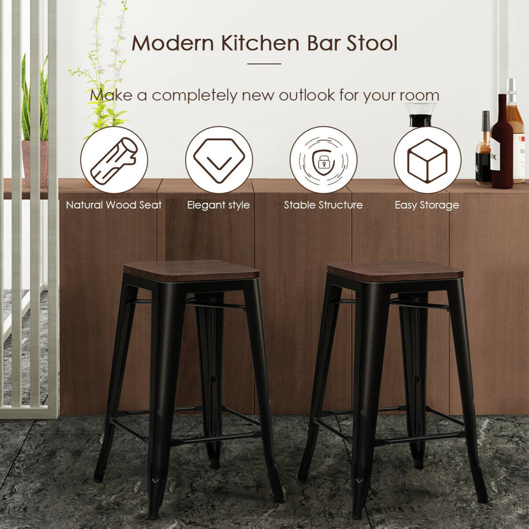 Set of 4 Counter Height Backless Barstool 26 Metal Stackable Stool w/Wood Seat Image 6