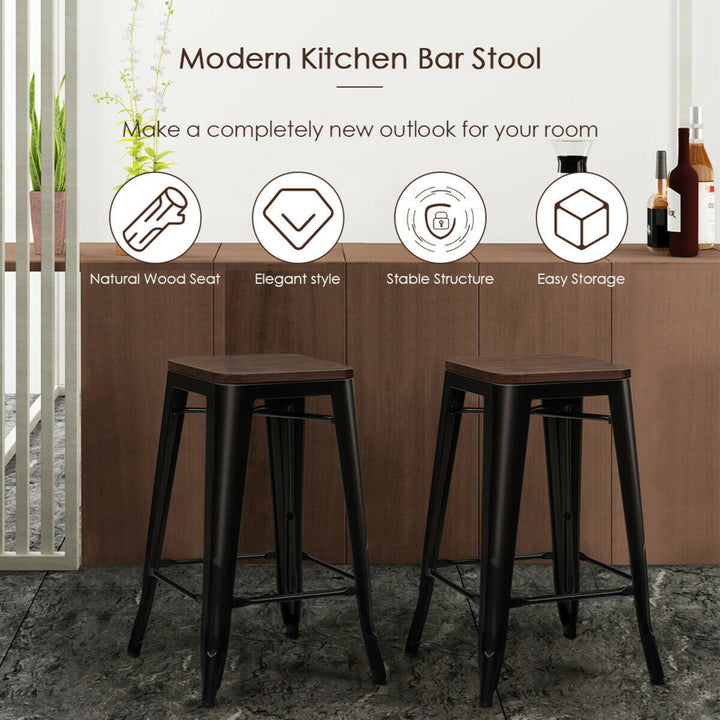 Set of 4 Counter Height Backless Barstool 26 Metal Stackable Stool w/Wood Seat Image 6