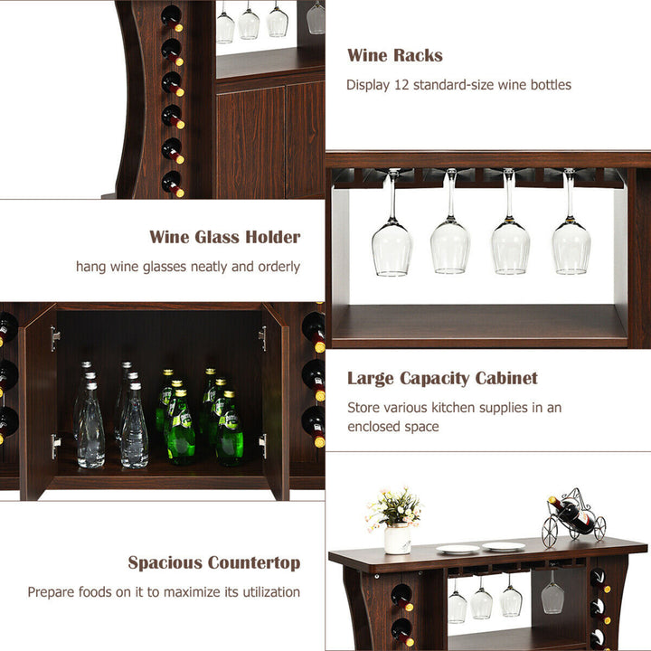 Rolling Buffet Sideboard Wooden Bar Storage Cabinet w/ Wine Rack and Glass Holder Image 10