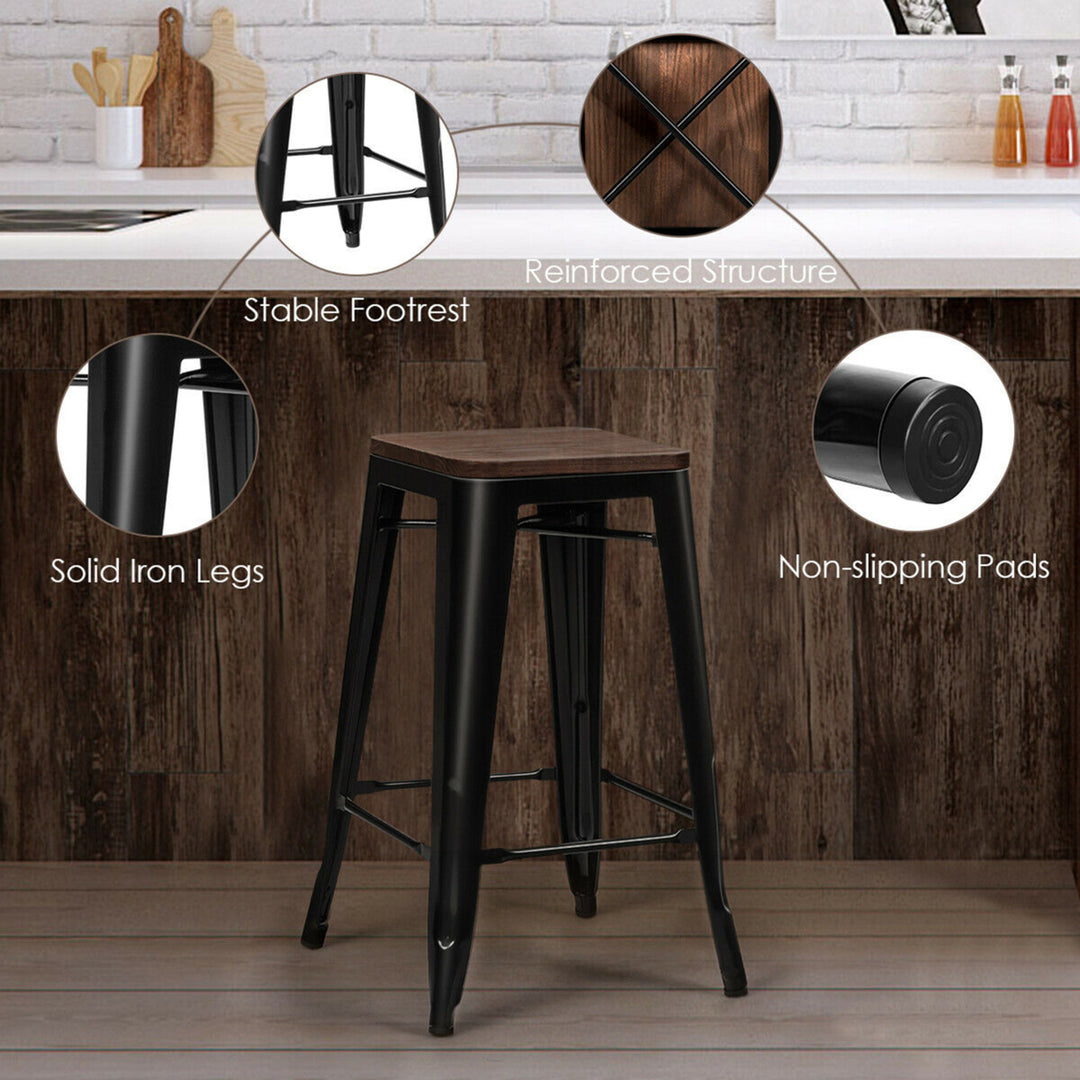 Set of 4 Counter Height Backless Barstool 26 Metal Stackable Stool w/Wood Seat Image 10