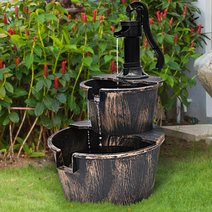 2 Tier Barrel Waterfall Fountain Barrel Water Fountain Pump Outdoor Garden Image 1