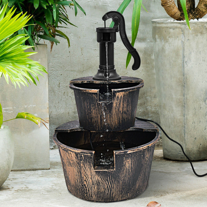 2 Tier Barrel Waterfall Fountain Barrel Water Fountain Pump Outdoor Garden Image 2