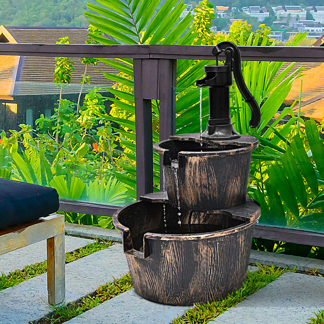 2 Tier Barrel Waterfall Fountain Barrel Water Fountain Pump Outdoor Garden Image 3