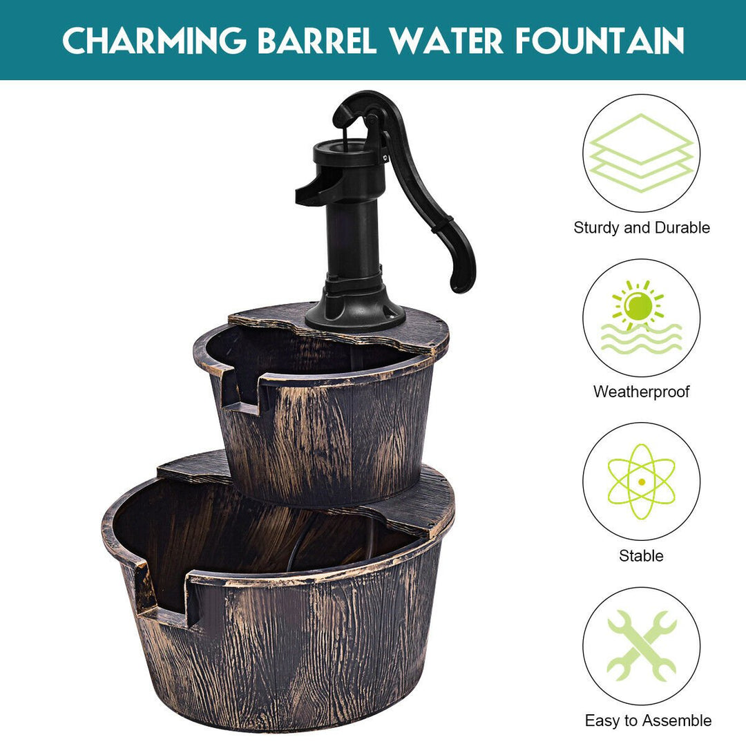 2 Tier Barrel Waterfall Fountain Barrel Water Fountain Pump Outdoor Garden Image 5