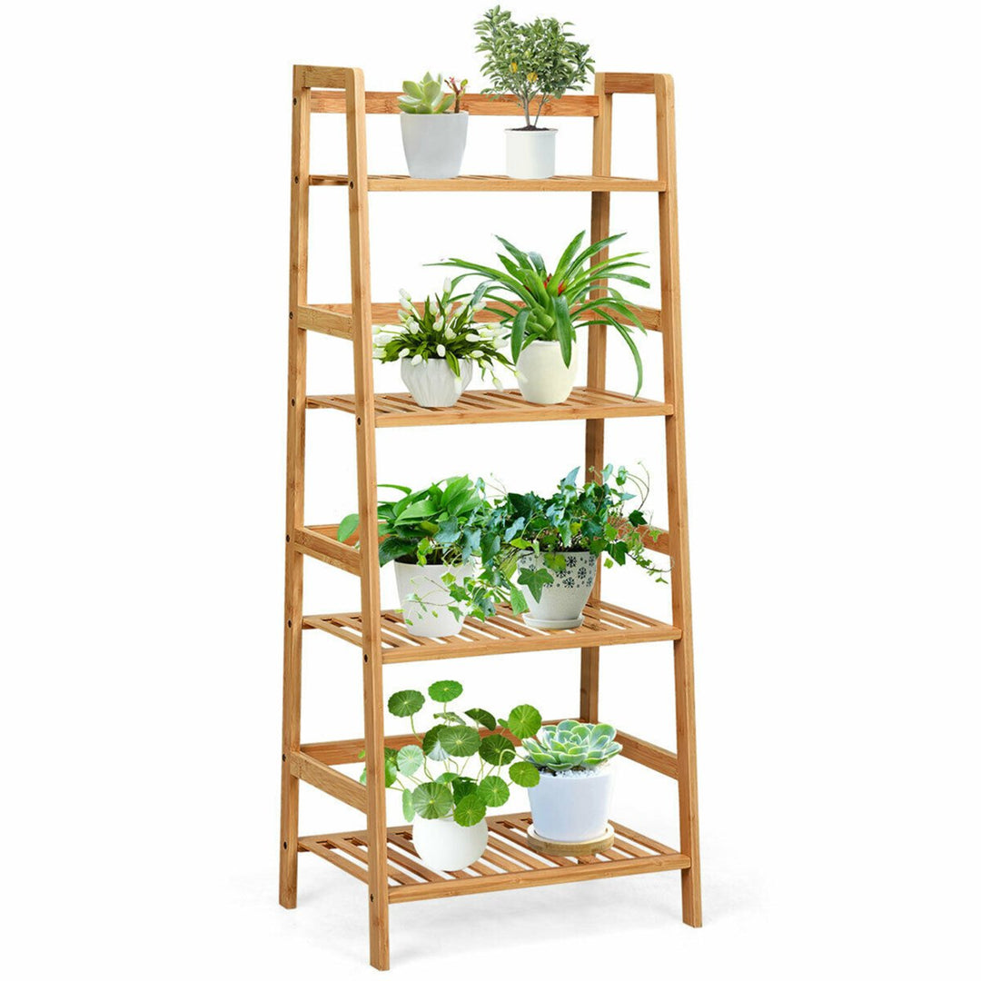 4-Tier Bamboo Ladder Shelf Multipurpose Plant Display Stand Storage Bookshelf Image 1