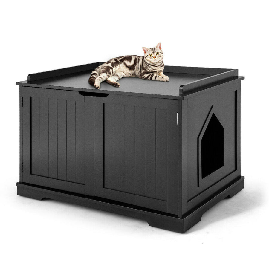 Cat Litter Box Wooden Enclosure Pet House Sidetable Washroom Storage Bench Black Image 1