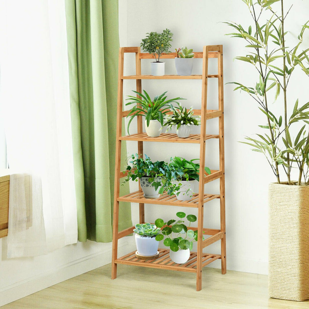 4-Tier Bamboo Ladder Shelf Multipurpose Plant Display Stand Storage Bookshelf Image 3