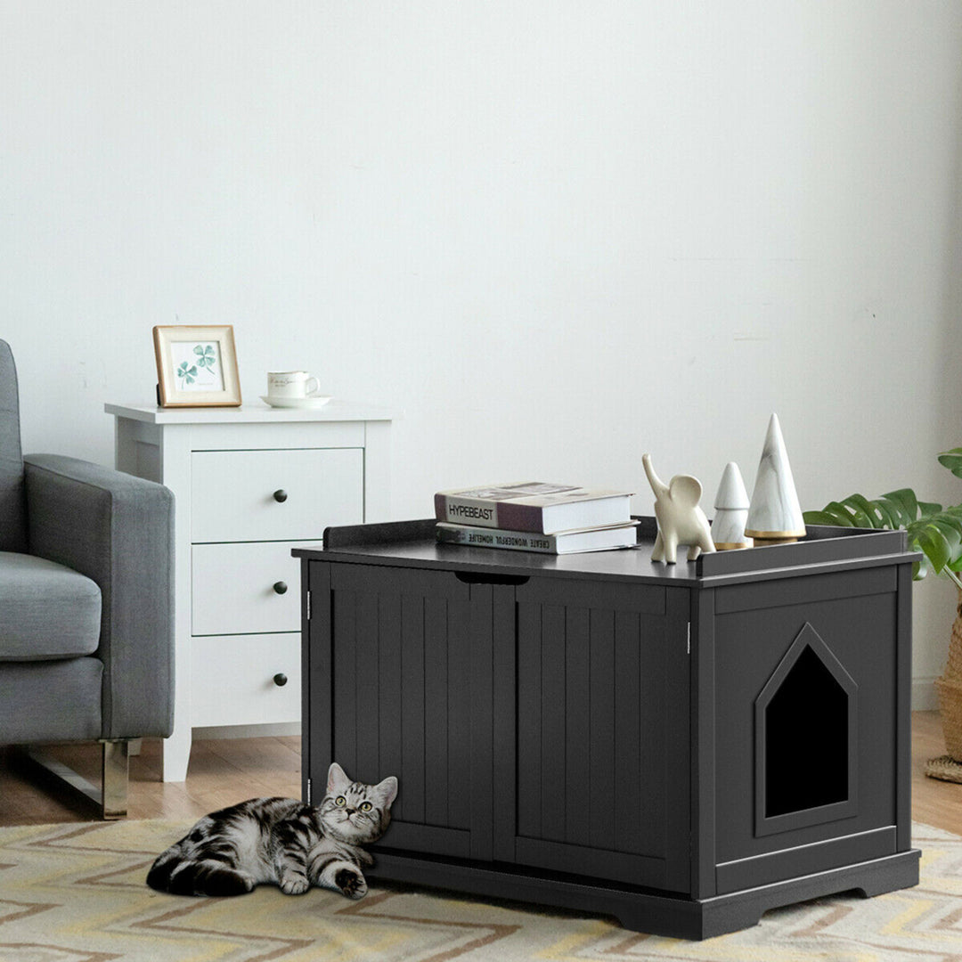 Cat Litter Box Wooden Enclosure Pet House Sidetable Washroom Storage Bench Black Image 3