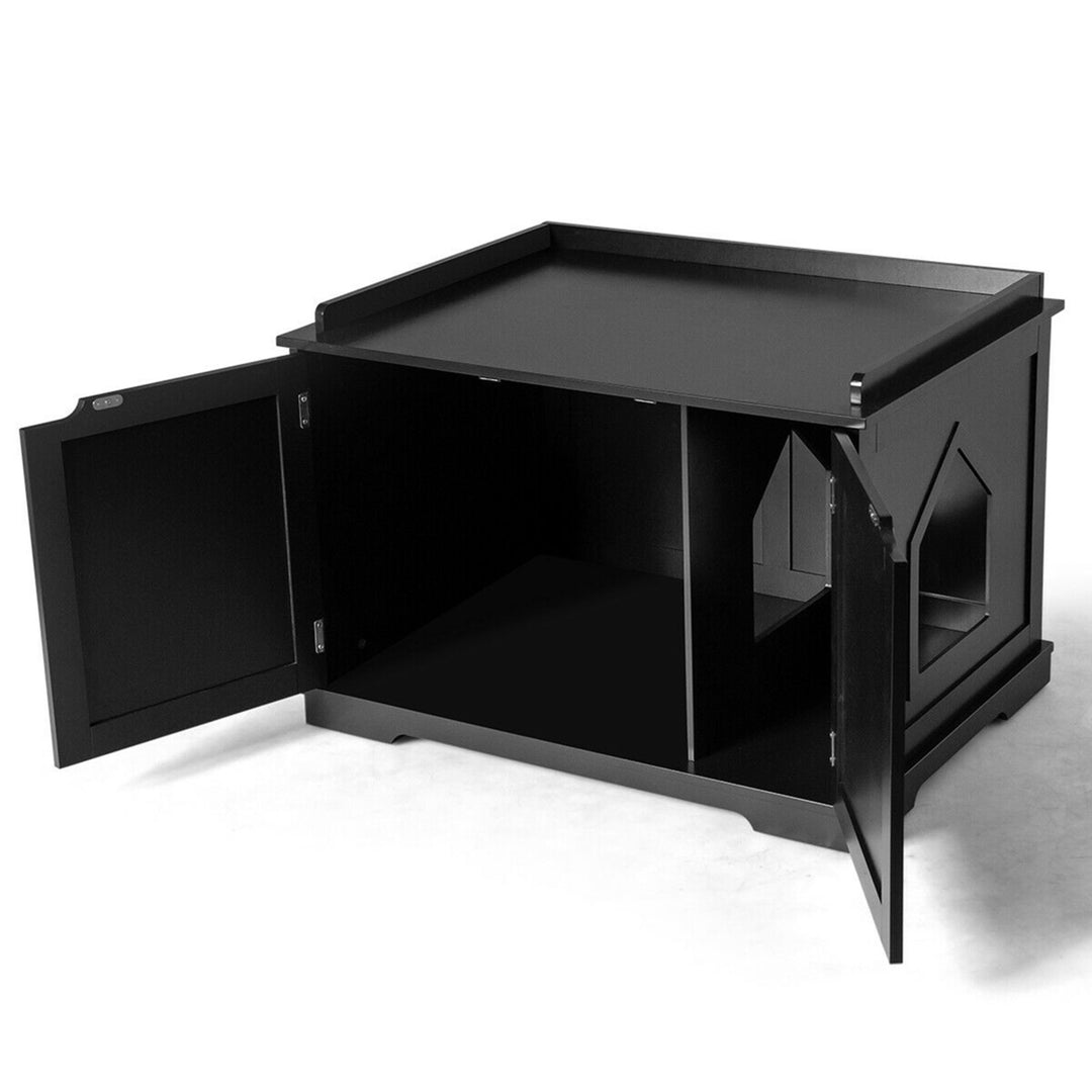 Cat Litter Box Wooden Enclosure Pet House Sidetable Washroom Storage Bench Black Image 7