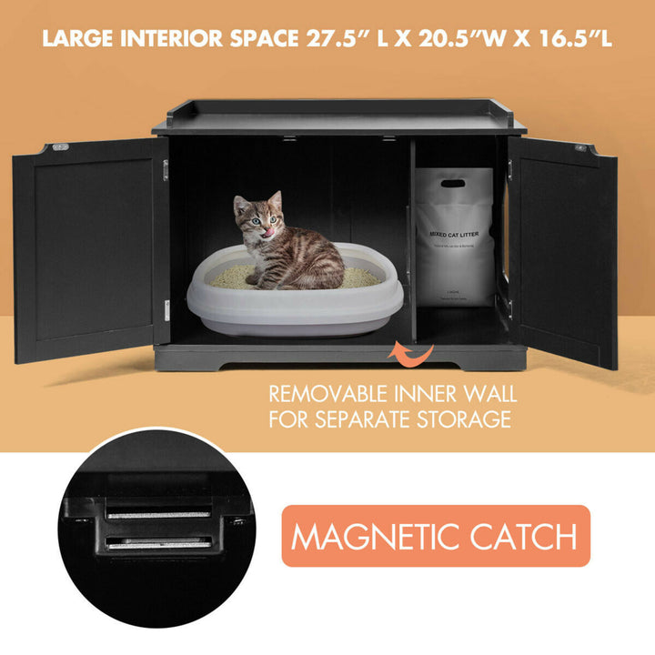 Cat Litter Box Wooden Enclosure Pet House Sidetable Washroom Storage Bench Black Image 9