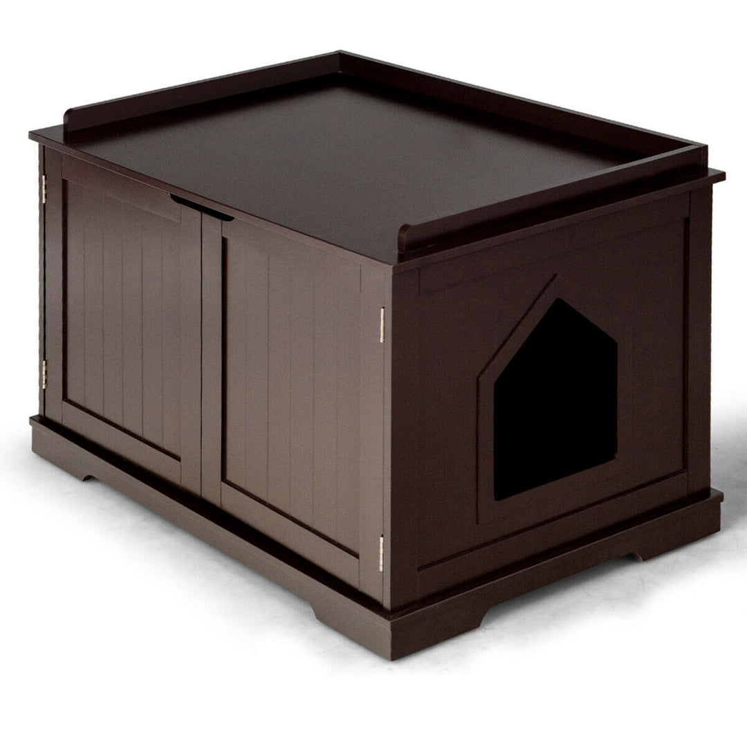 Cat Litter Box Wooden Enclosure Pet House Sidetable Washroom Storage Bench Brown Image 6